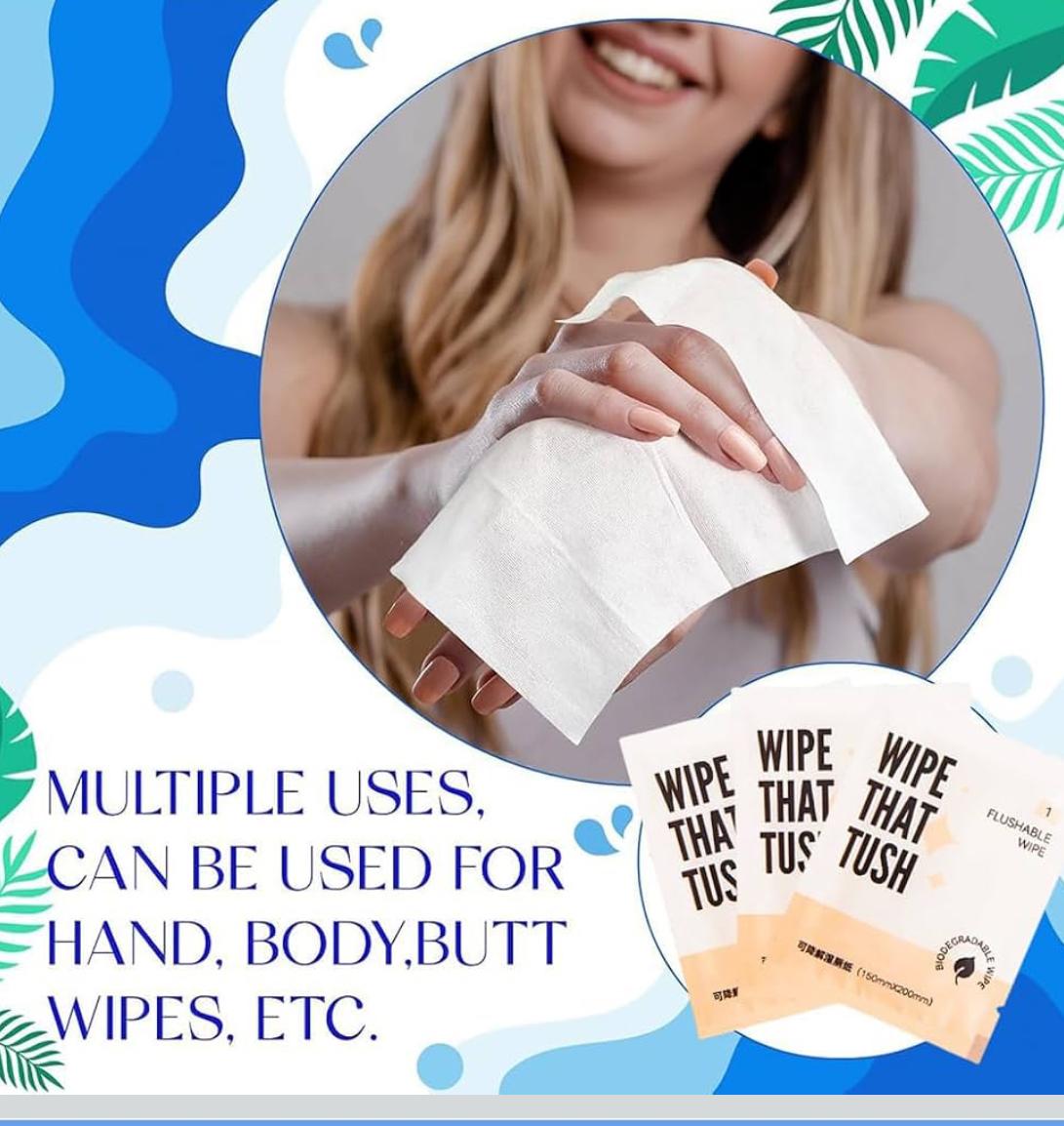 Individually Wrapped, On-The-Go Flushable Wet Wipes- Hypoallergenic & Unscented for Travel Bathroom Toilet Use